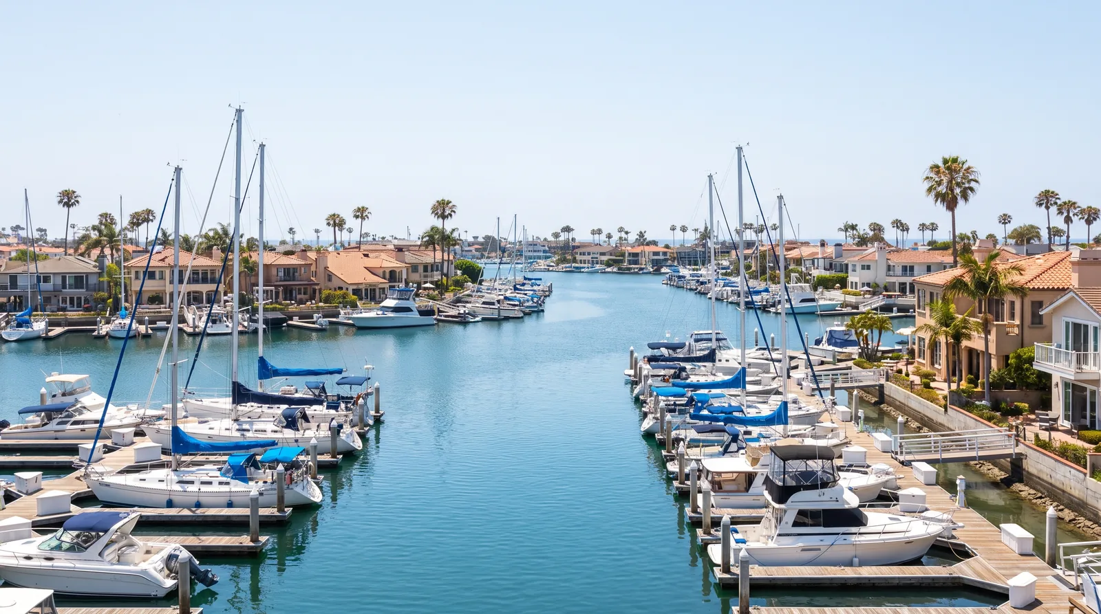 Sailboats and waterfront homes in Newport Beach harbor