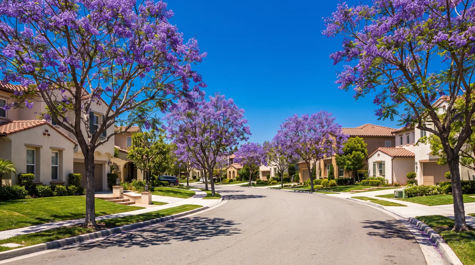 A tree-lined residential street of stucco homes in Irvine