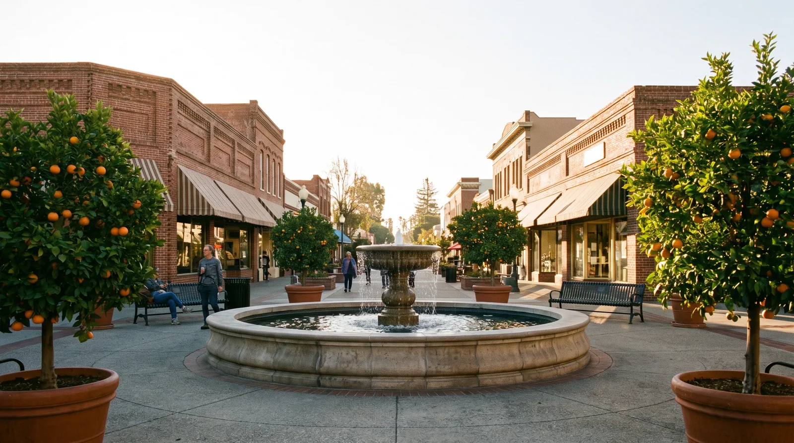 A historic plaza with a fountain and orange trees in Orange