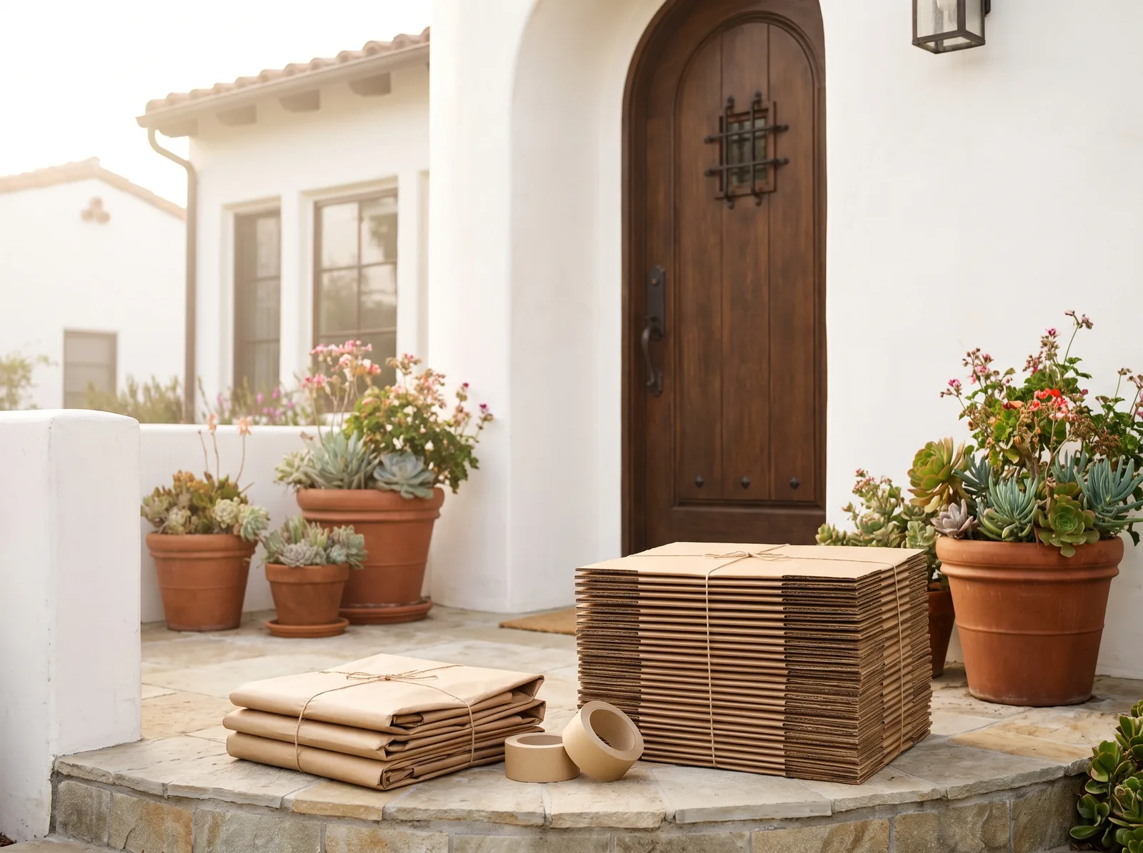 A stack of flat-packed moving boxes, tape and paper at a front door
