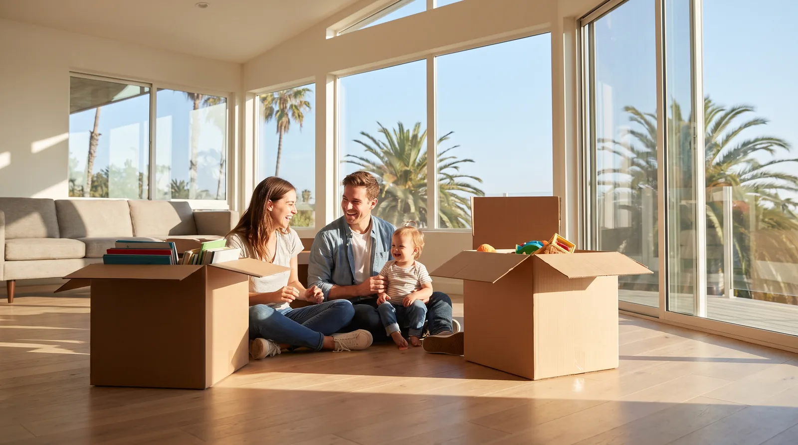 A family laughing on the floor of a sunlit living room with a few open boxes