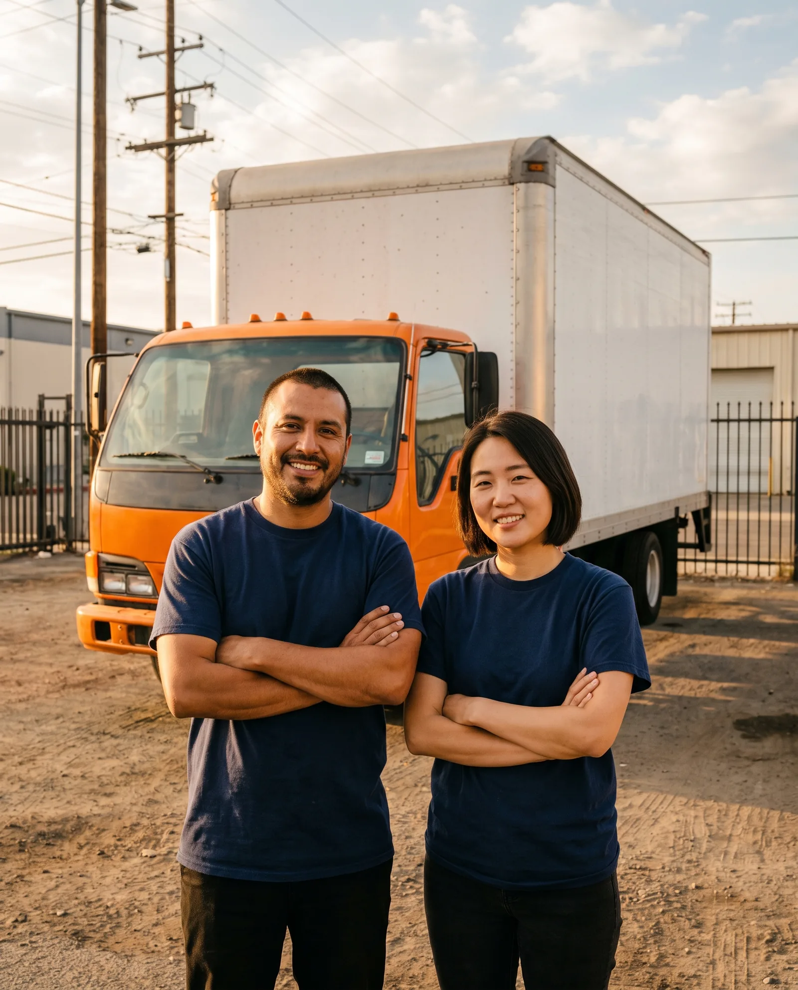 The two founders of Orange Crate standing in front of an orange moving truck