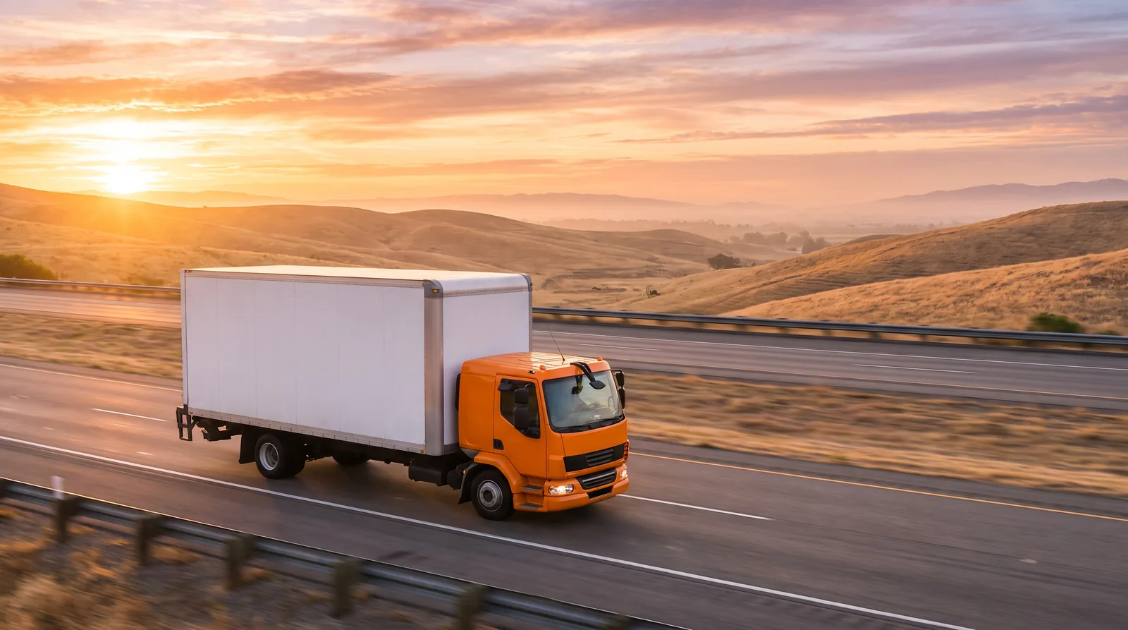An orange moving truck on an open highway at dawn