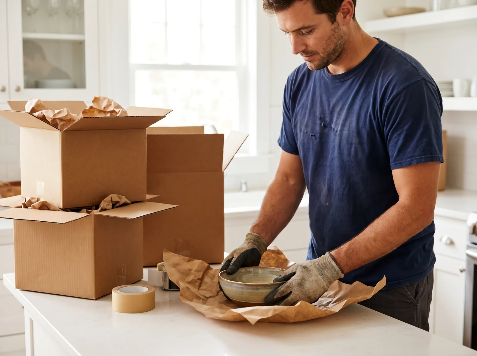 A mover wrapping a ceramic bowl in kraft paper at a bright kitchen counter