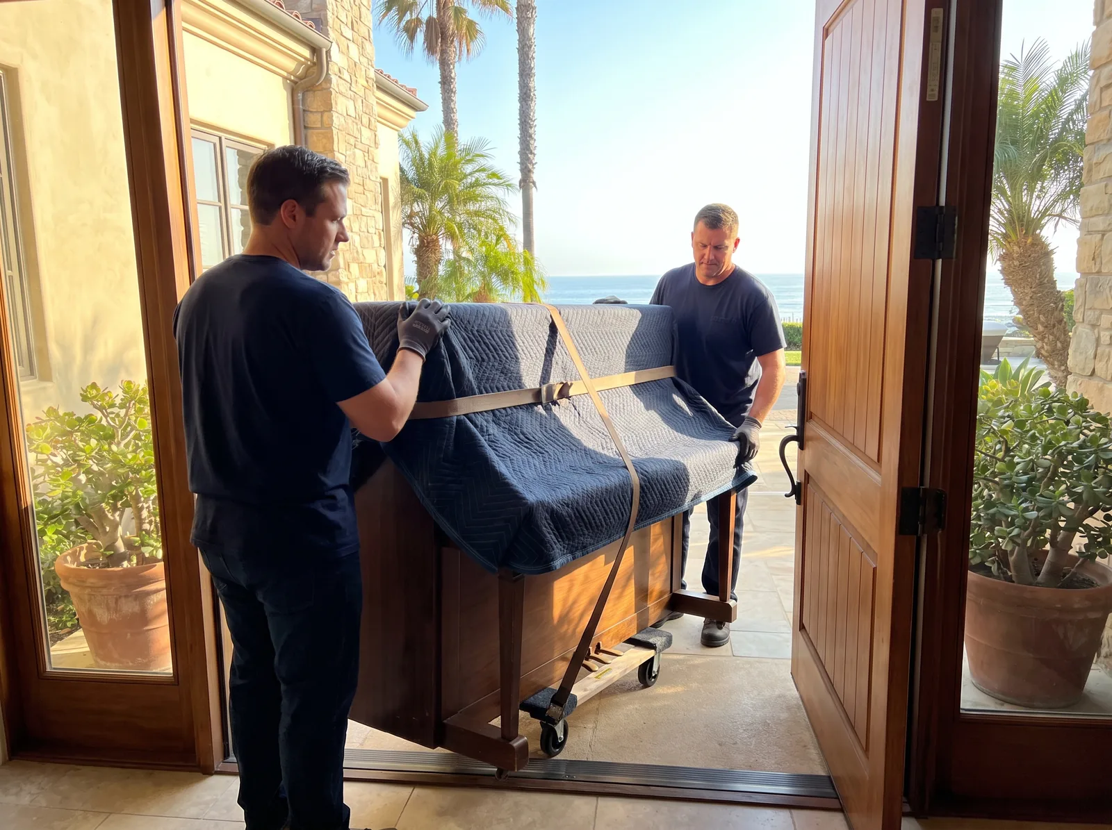 Two movers guiding a blanket-wrapped upright piano on a dolly through a front door