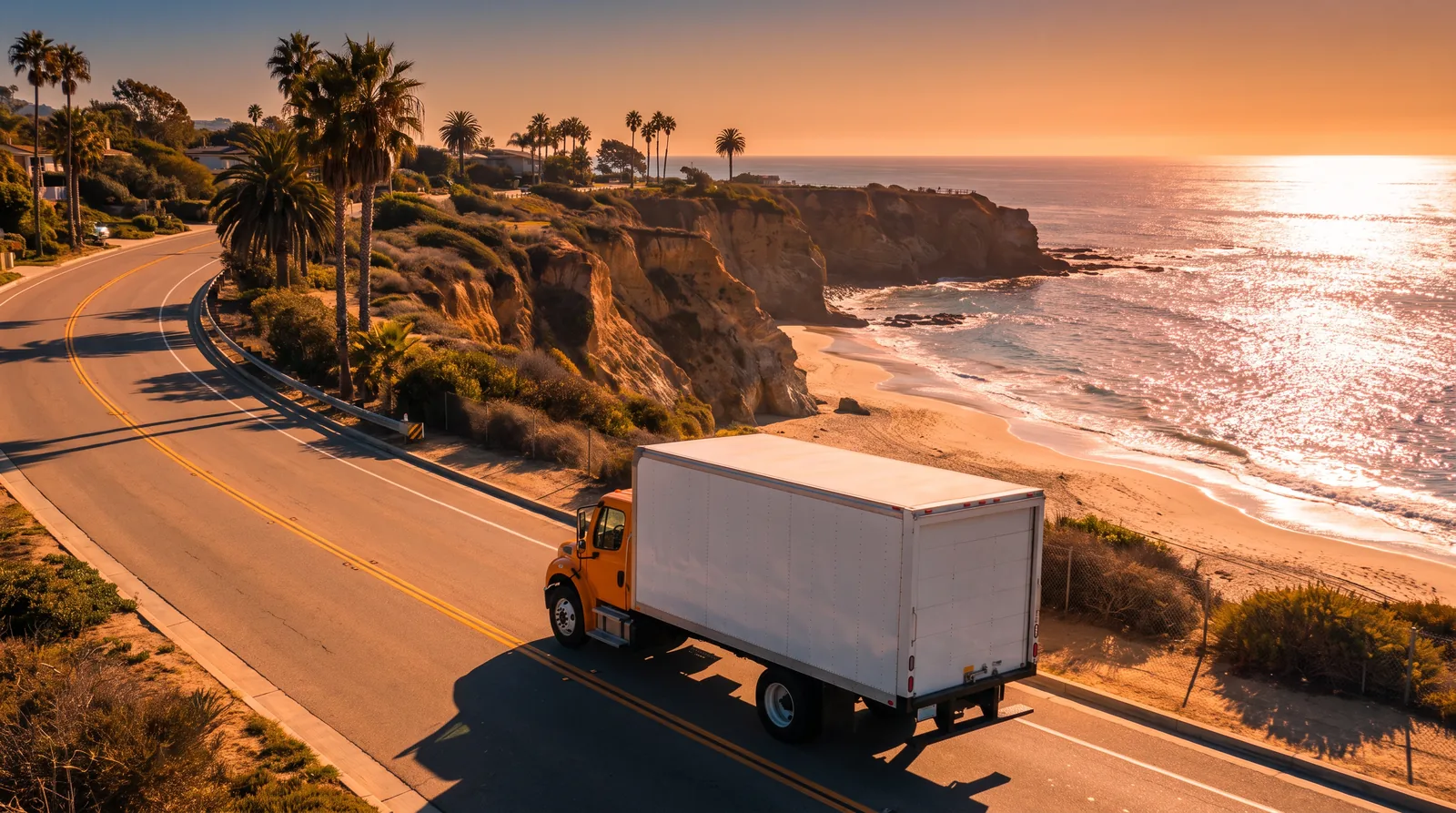 An orange moving truck driving along the Pacific Coast Highway at golden hour