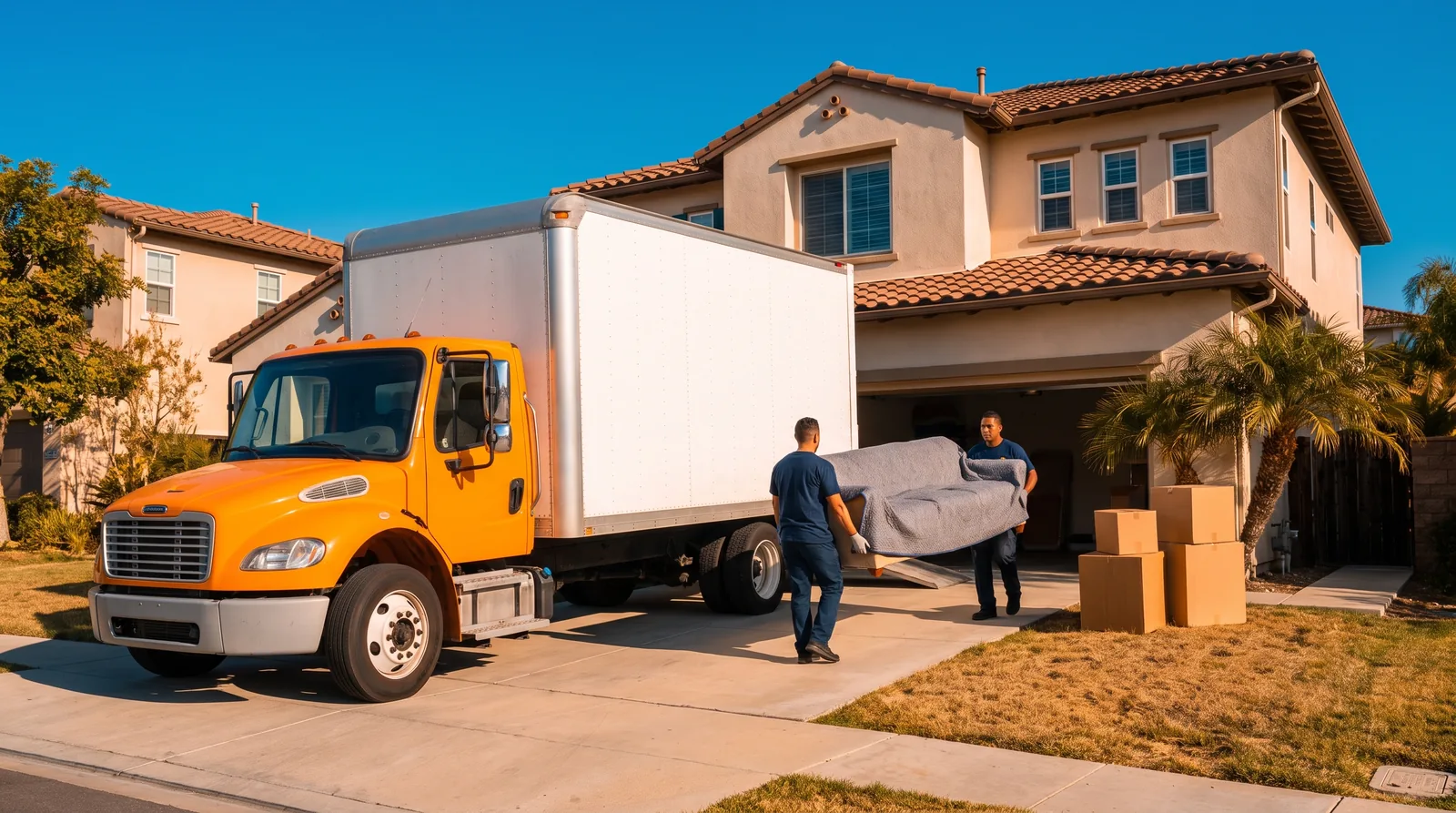 Two movers carrying a wrapped sofa toward an orange moving truck