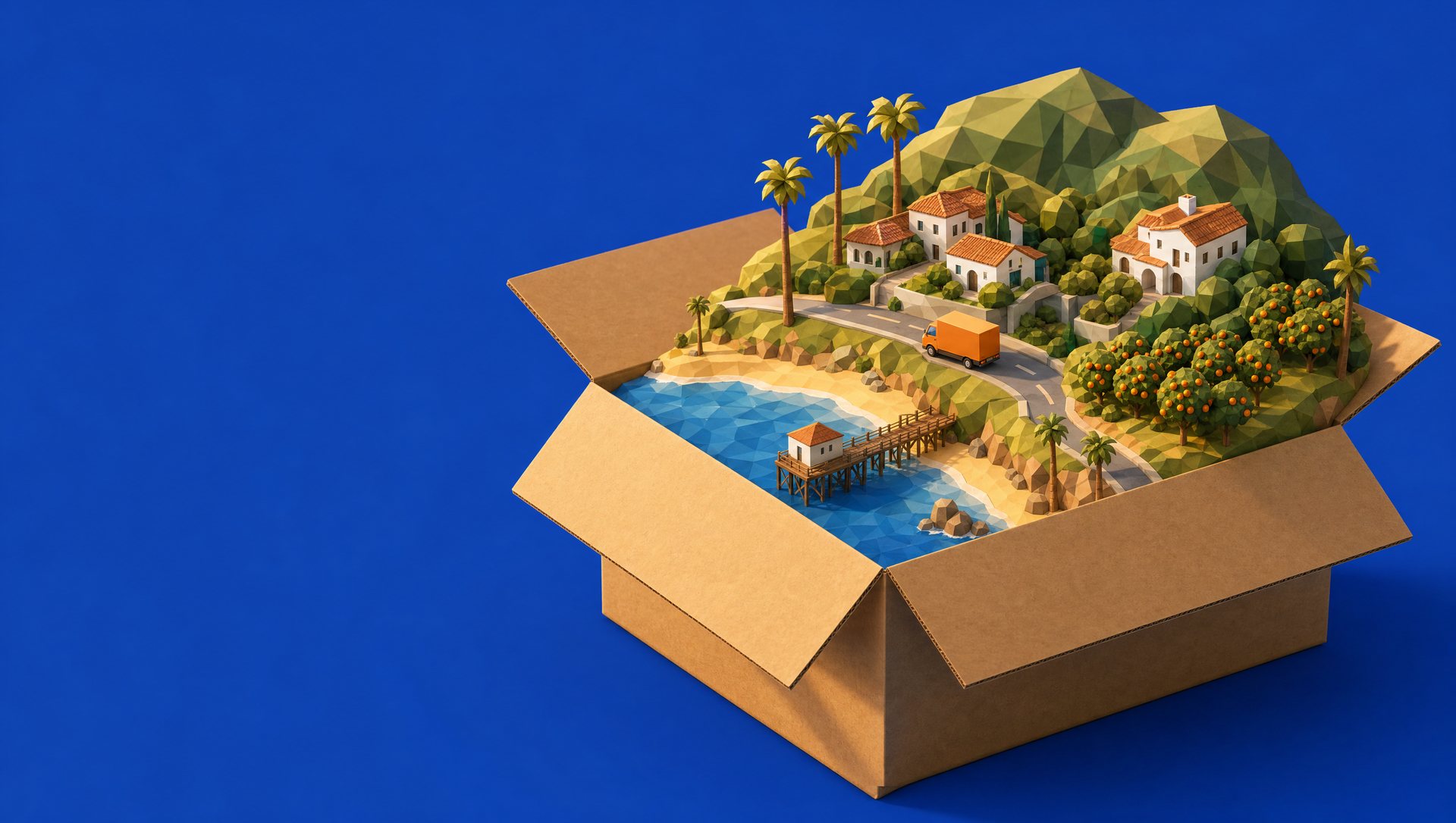 A kraft moving box opening to reveal a miniature Orange County coastline