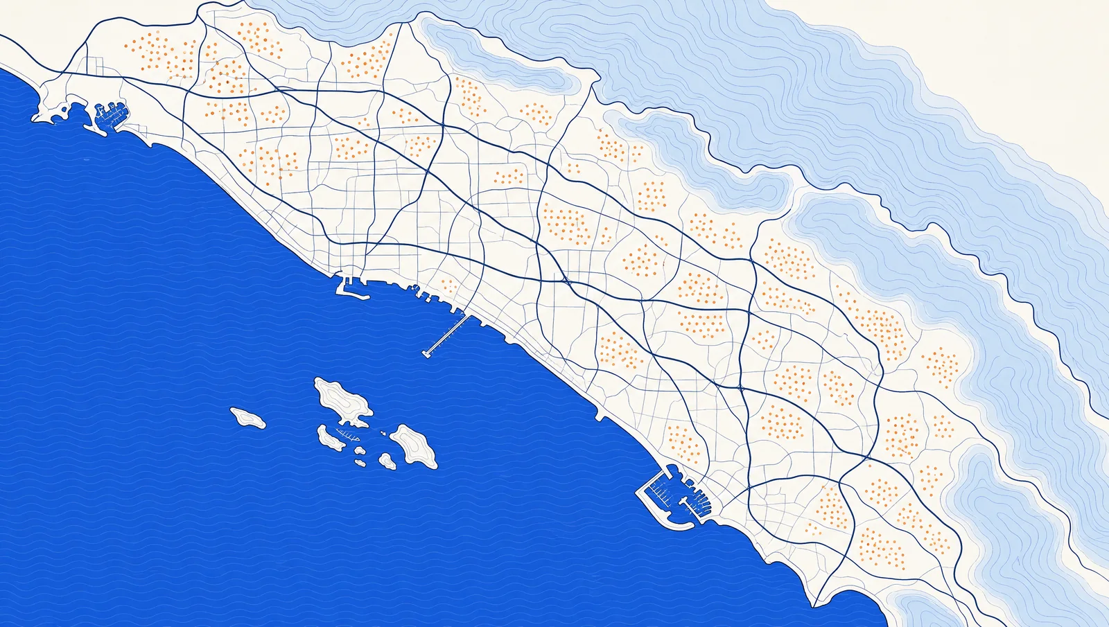 Illustrated map of the Orange County coastline from Seal Beach to San Clemente